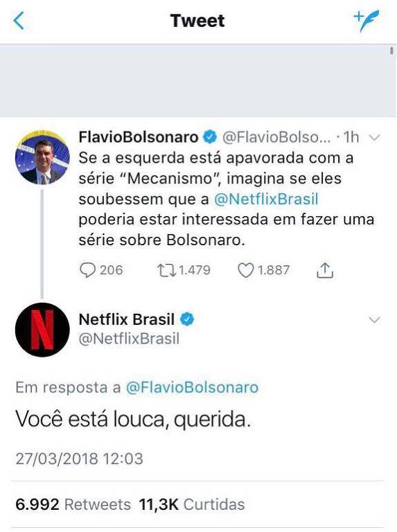 Você está louca, querida', diz Netflix a filho de Bolsonaro