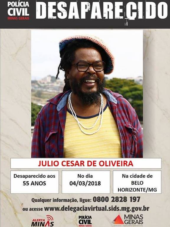Cartaz de busca pelo artista plástico Júlio César de Oliveira, desaparecido em Minas
