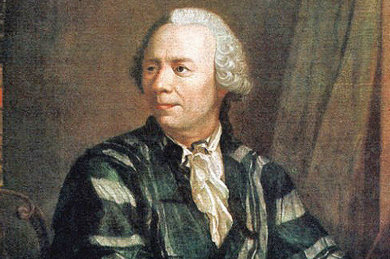 Pintura que tem como modelo o matemático suíço Leonhard Euler; matemático está com um grande livro aberto