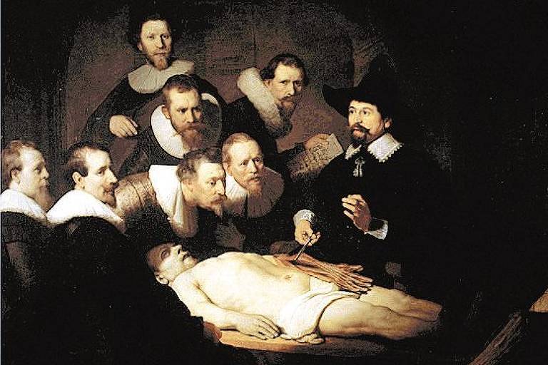 Quadro "A Aula de Anatomia de Dr. Tulp" (1632), do pintor holandês Rembrandt van Rijn (1606-1669). Imagem mostra pessoas analisando um cadáver