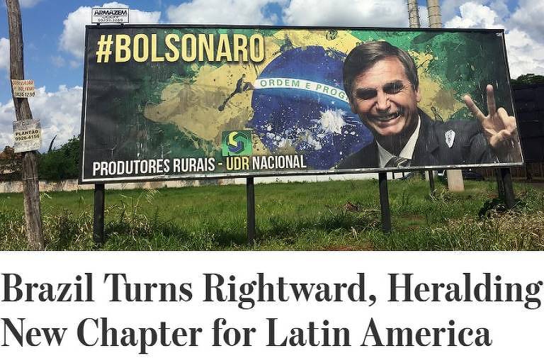 No alto da home do Wall Street Journal, o 'coração conservador do Brasil', com cartaz de Jair Bolsonaro
Foto:  Reprodução/The Wall Street Journal