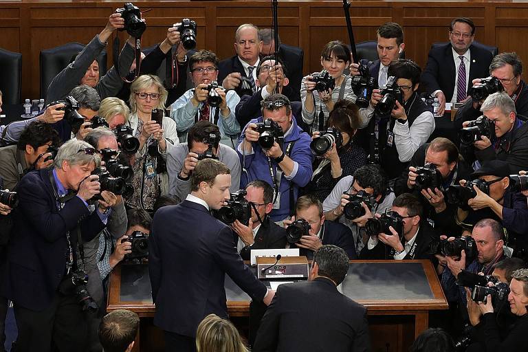 Mark Zuckerberg testemunhando no Senado americano em abril de 2018, após o caso envolvendo a Cambridge Analytica