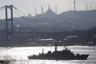 The Russian Navy's training ship Perekop sails in the Bosphorus, on its way to the Mediterranean Sea, in Istanbul