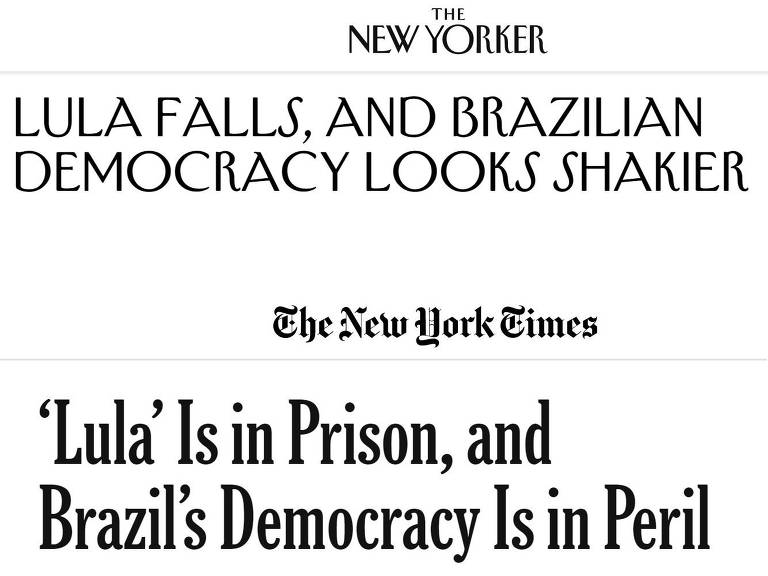 Na New Yorker, Lula cai, e a democracia brasileira parece mais frágil. No New York Times, Lula está na prisão, e a democracia brasileira está sob risco. Foto: Reprodução