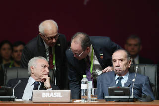 Brazil's President Michel Temer and Brazilian Foreign Affairs minister Aloysio Ferreira participate in the opening session of the Americas Summit in Lima