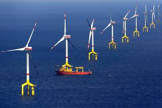 Wind turbines of the wind farm BARD Offshore 1 stand north-west of the German island of Borkum