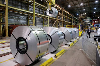 FILE PHOTO: Rolled up steel sits in the ArcelorMittal Dofasco steel plant in Hamilton
