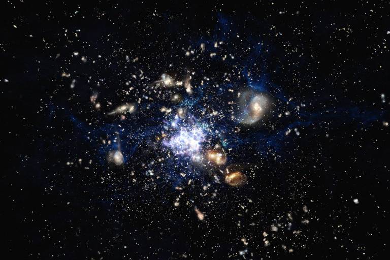 Concepção artística de um aglomerado de galáxias do Universo primitivo