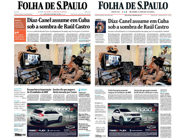 As duas primeiras páginas publicadas na estreia do projeto gráfico de 2018 da Folha