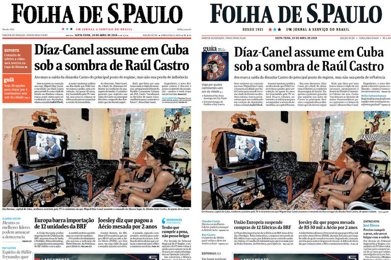 Duas versões da Primeira Página na estreia do projeto gráfico de 2018 da Folha; à esq., na versão anterior, e à dir., no novo projeto
