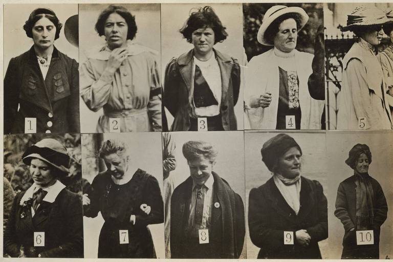 Montagem de fotografias de sufragistas militantes no início do século 20