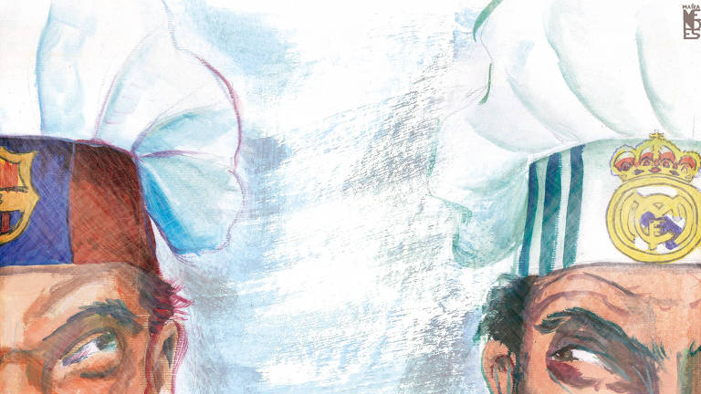 Ilustração com dois chefs de cozinha, um com símbolo do Real Madrid no chapéu e o outro com o do Barcelona, se olham de lado