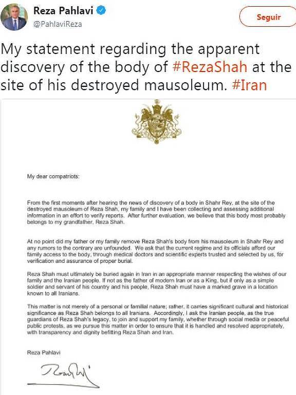 Reprodução da mensagem do filho de Reza Pahlevi no Twitter