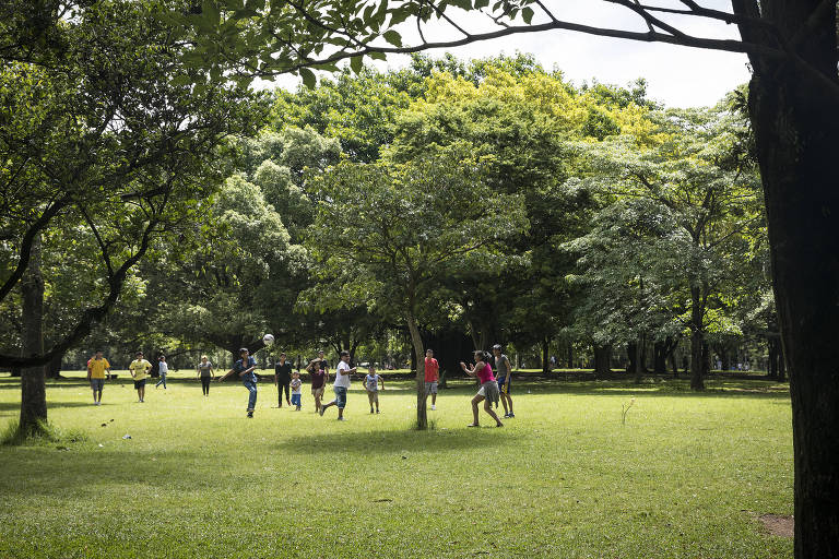 Ensaio fotografico no Parque do Ibirapuera***.Usuarios do parque jogam futebol em um dos gramados do Ibirapuera