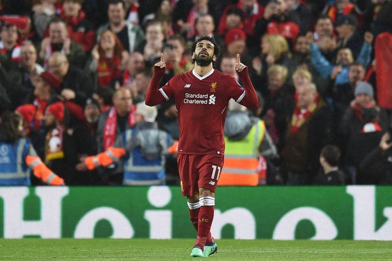 Salah após o primeiro gol do Liverpool contra a Roma na Liga dos Campeões