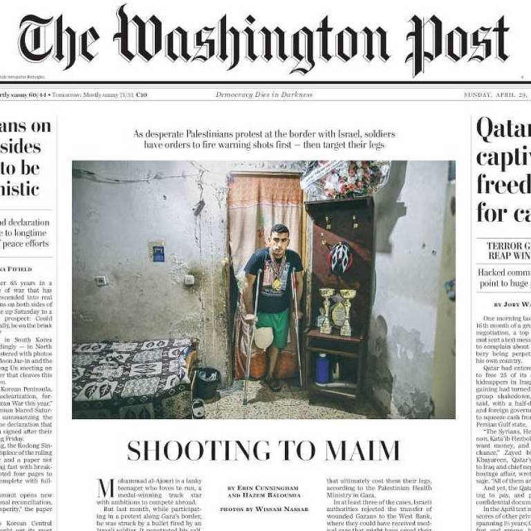 Na primeira página do Washington Post, os mutilados de Gaza.Credito Reproducao