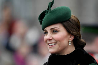Britain's Catherine, Duchess of Cambridge attends the presentation of Shamrock to the 1st Battalion Irish Guards, at a St Patrick's Day parade at Cavalry Barracks in Hounslow