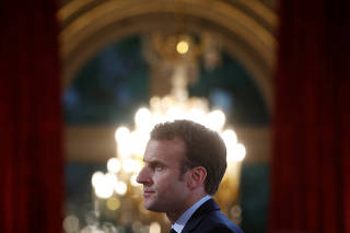 Macron attends an event on local food trade at the Elysee Palace in Paris