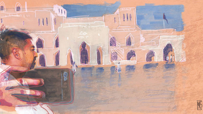 Ilustração da Maíra Mendes mostra Zeca Camargo em Mascate, capital de Omã