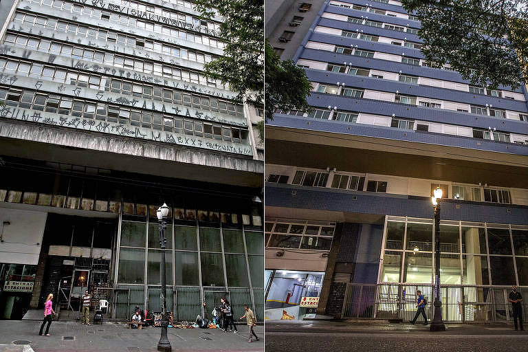 À esq., prédio vazio e pichado, em 2011; à dir. fachada do edifício agora, após reforma 