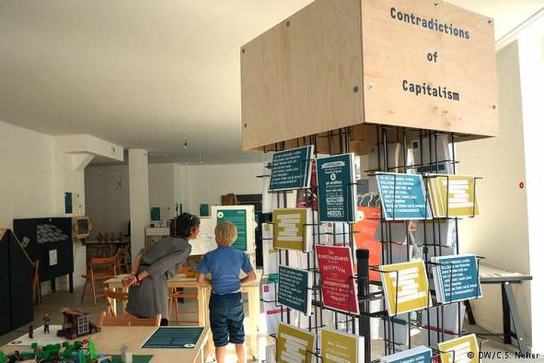 Sala do museu do Capitalismo, em Berlim. Há algumas mesas expositoras com livros e placas, e uma mulher e uma criança olham uma delas. Em primeiro plano, um mostruário com livros e acima, uma placa em que se lê "contradições do capitalismo", em inglês