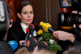FILE PHOTO: The Swedish Academy's Permanent Secretary Sara Danius talks to the media as she leaves after a  meeting at the Swedish Academy in Stockholm