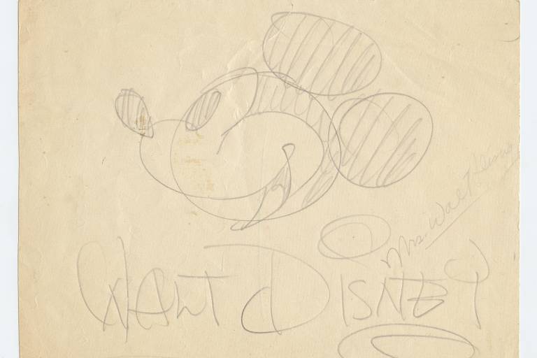 Desenho do Mickey assinado por seu criador, Walt Disney (1934)