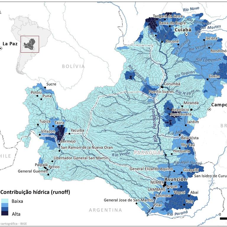 Mapa mostra 'torres de água' (azul) na bacia do rio Paraguai