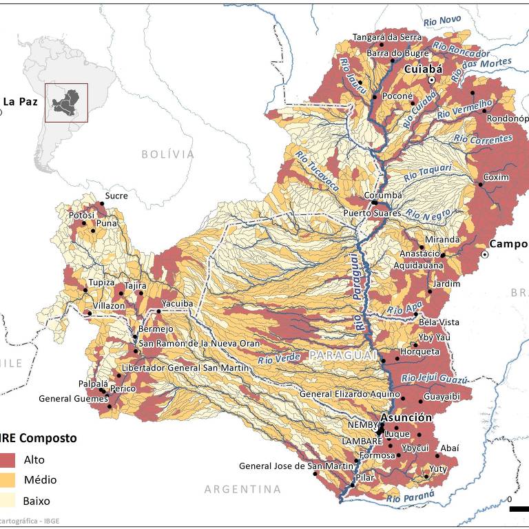 Mapas mostram zonas de alto risco ecológico (vermelho) na bacia do rio Paraguai