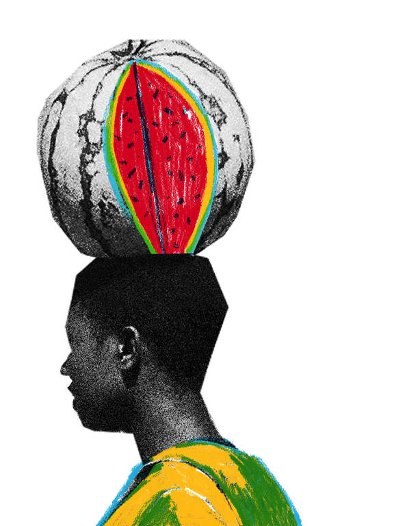 Homem negro com uma melancia na cabeça