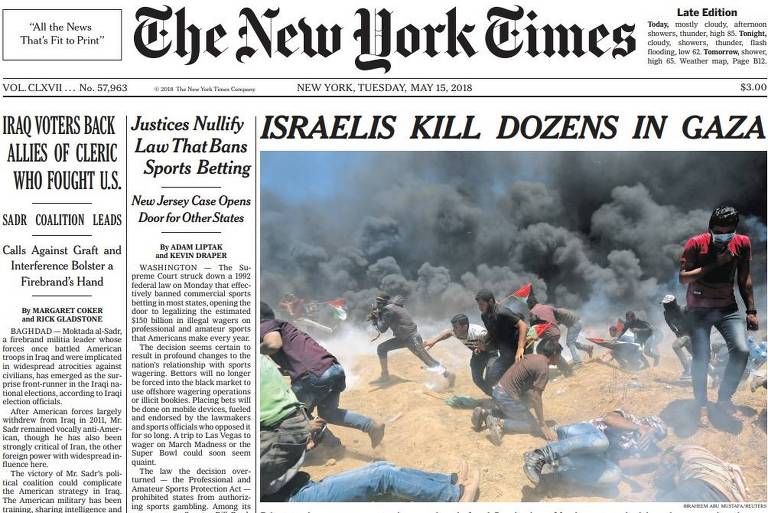 Na manchete do NYT, 'Israelenses matam dezenas em Gaza'

Foto: Reprodução