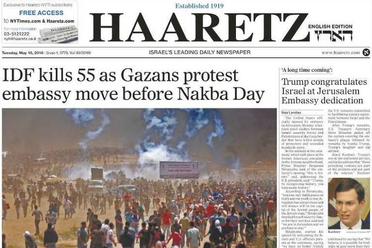 Na manchete do israelense Haaretz, 'Forças de Defesa de Israel matam 55 conforme moradores de Gaza protestam contra mudança de embaixada antes da Nakba'


Foto: Reprodução