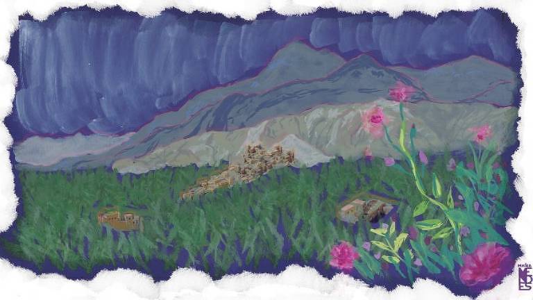 Ilustração com um campo aberto e uma montanha ao fundo, que representa o Omã