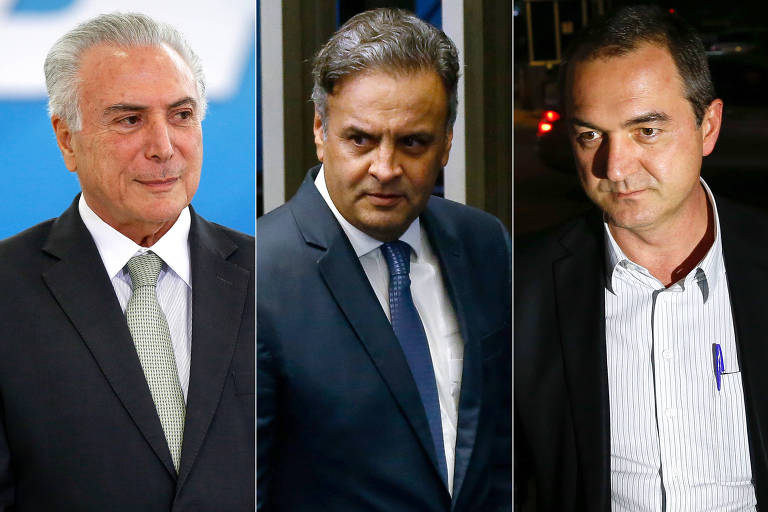 Da esq. para a dir., o presidente da República, Michel Temer, o senador Aécio Neves (PSDB) e o empresário Joesley Batista
