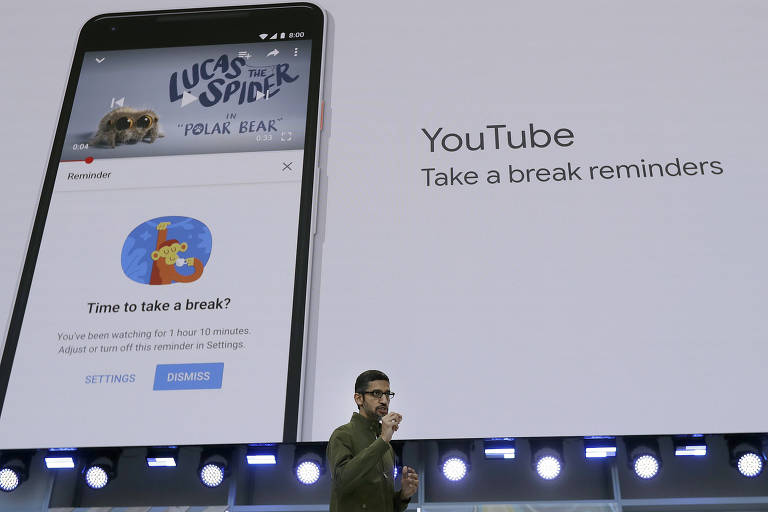 Sundar Pichai, presidente do Google, YouTube durante o encontro Google I/O em Mountain View