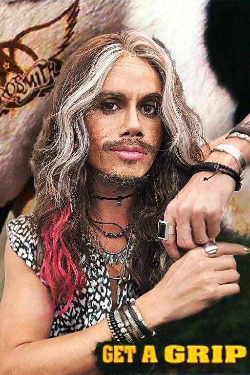 Artista Silvero Pereira usa peruca com mechas para interpretar cantor Steven Tyler