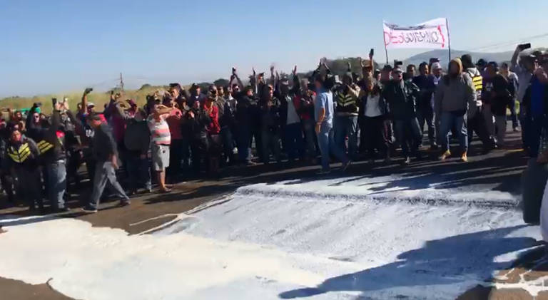 Produtores jogam leite em parte da pista e do acostamento da rodovia MG-050, em Passos (MG)