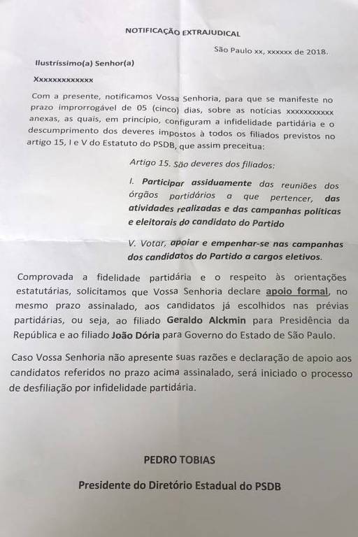 Proposta de notificação extrajudicial feita por Pedro Tobias em reunião do PSDB