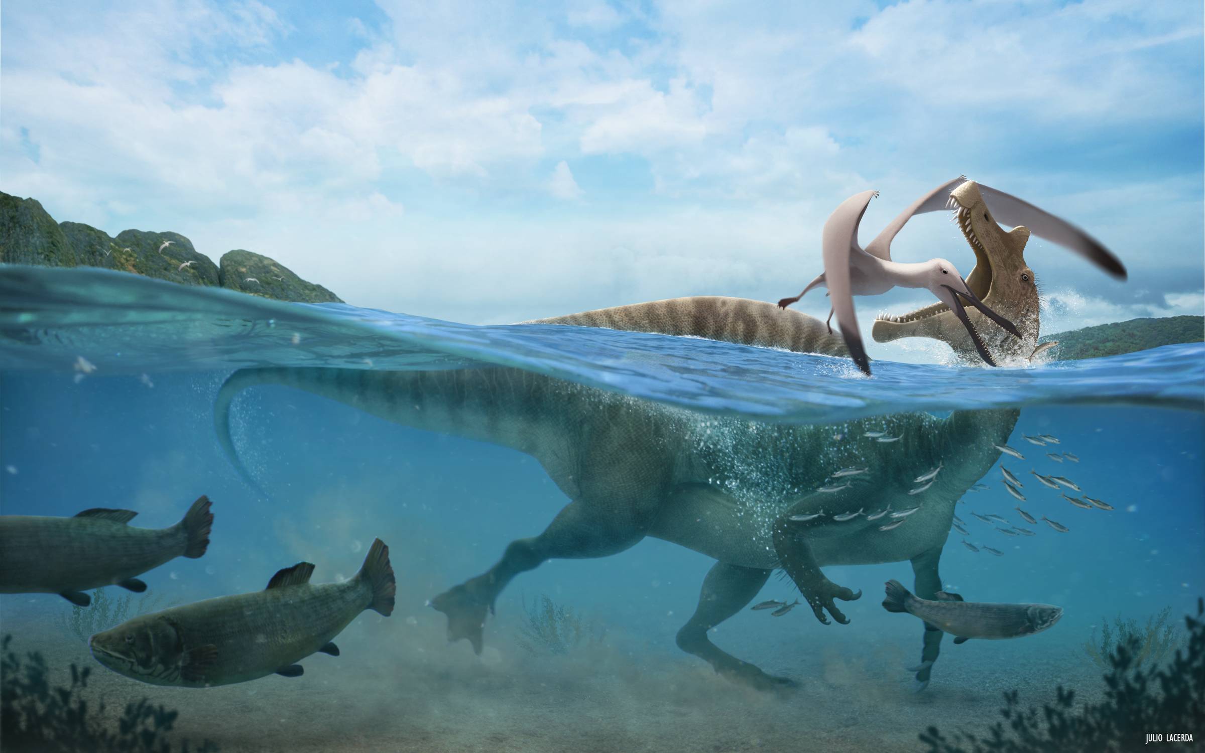 Вымерший пресмыкающиеся больших размеров. Julio Lacerda динозавров. Ирритатор спинозаврид. Спинозавр палеоарт. Динозавры Триасового периода.