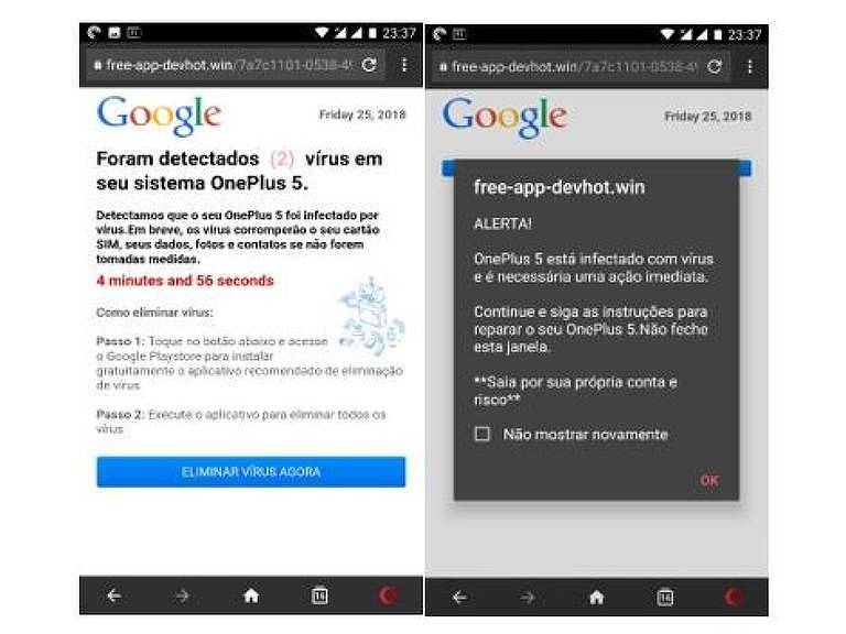 Tela mostra o logo do Google e diz que foram encontrados 2 vírus no telefone da pessoa, depois oferece para baixar um aplicativo par abaixar