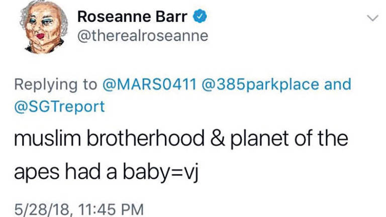 A comediante Roseanne Barr ataca ex-assessora de Barack Obama com tuíte racista. Credito Reproducao