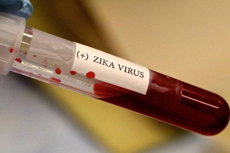 Tudo de sangue com uma etiqueta com a inscrição "zika vírus"