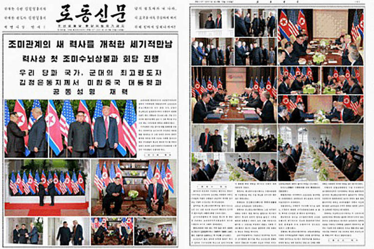 Na capa do norte-coreano Rodong Sinmun (à esq.), 'O encontro do século'

 Reprodução
