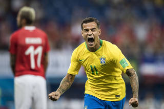 Copa Russia 2018.  Philppe Coutinho comemora gol do Brasil contra a Suica na Arena Rostov