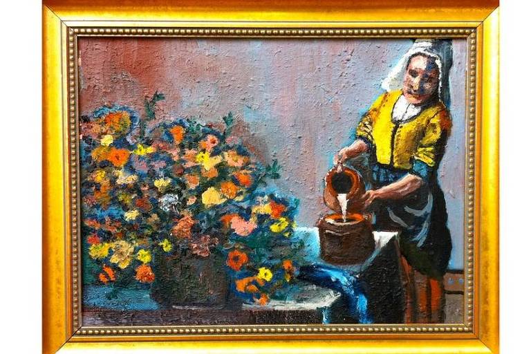 Quadro de mulher de amarela regando flores 