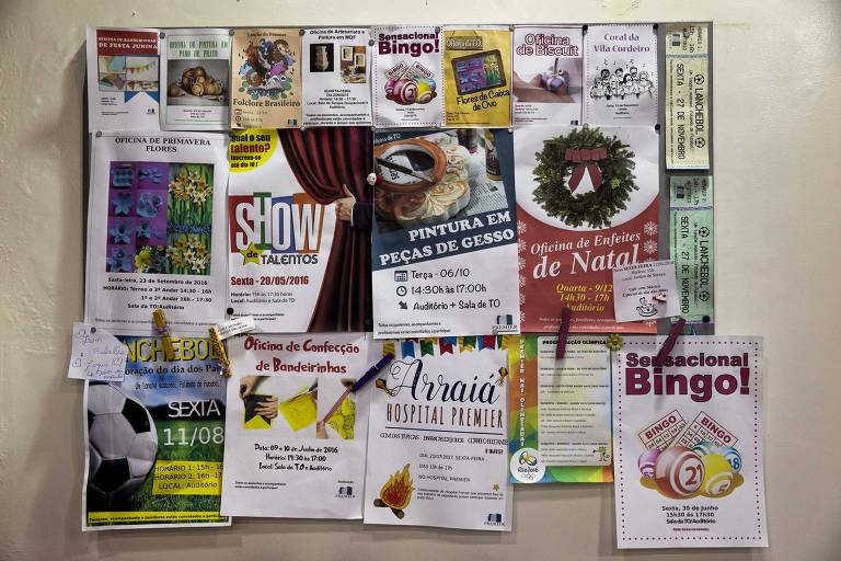 Mural com diversos cartazes de festas promovidos pelo Hospital Premier