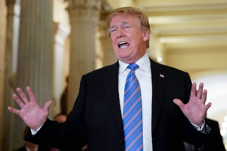 De terno preto, camisa branca e gravata azul com listras finas laranjas, Trump aparece de boca aberta e gesticulando com as mãos abertas enquanto fala. Ao fundo estão as colunas do Capitólio, prédio do Congresso dos EUA. Ele é fotografado da barriga para cima.