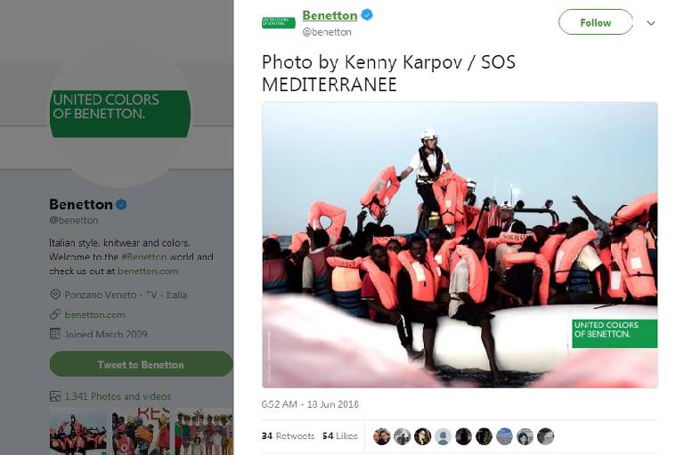 Reprodução do Twitter da Benetton com fotografia de resgate de imigrantes