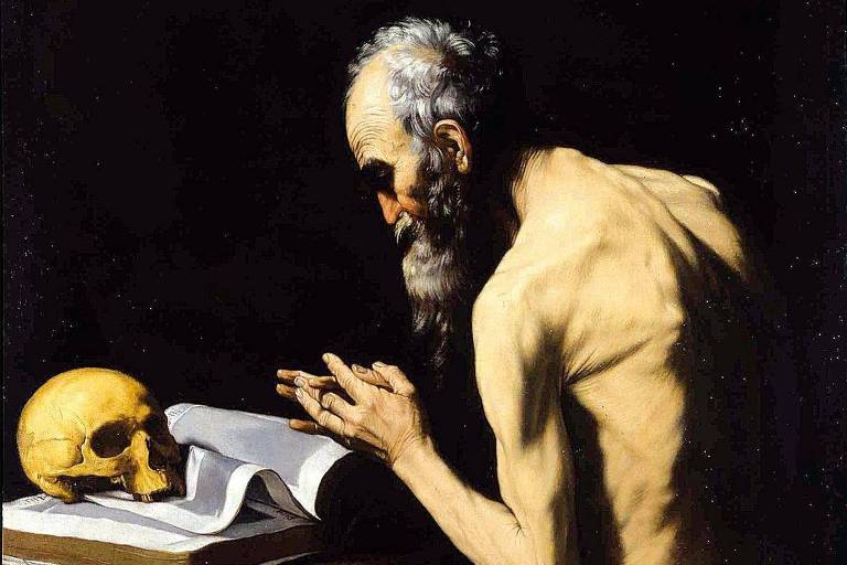 Pintura mostra um homem idoso, de barbas longas e sem camisa, de lado com parte das costas aparecendo enquanto lê um livro. Sobre o livro está um crânio humano. O homem tem as mãos juntas, como para fazer uma oração. O fundo é totalmente escuro.
