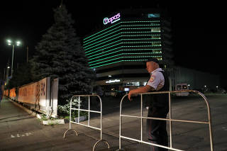 Security blocks the entrance to the Topos Congress hotel in the soccer World Cup host city of Rostov-on-Don
